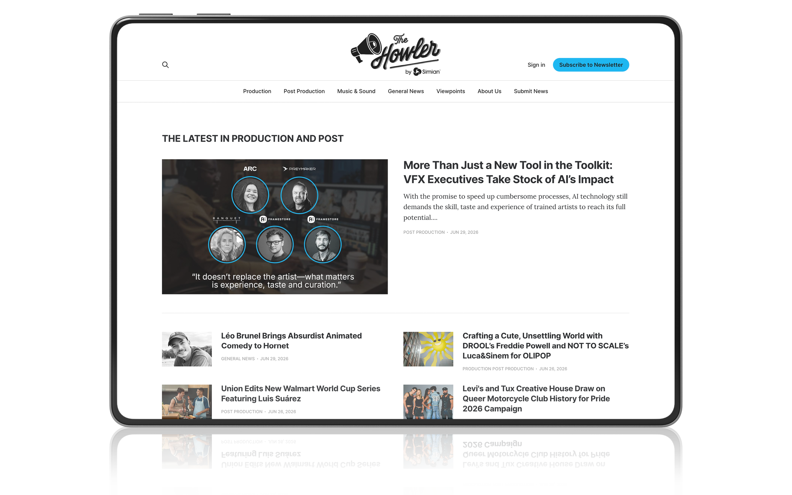 The Howler industry news site on a tablet