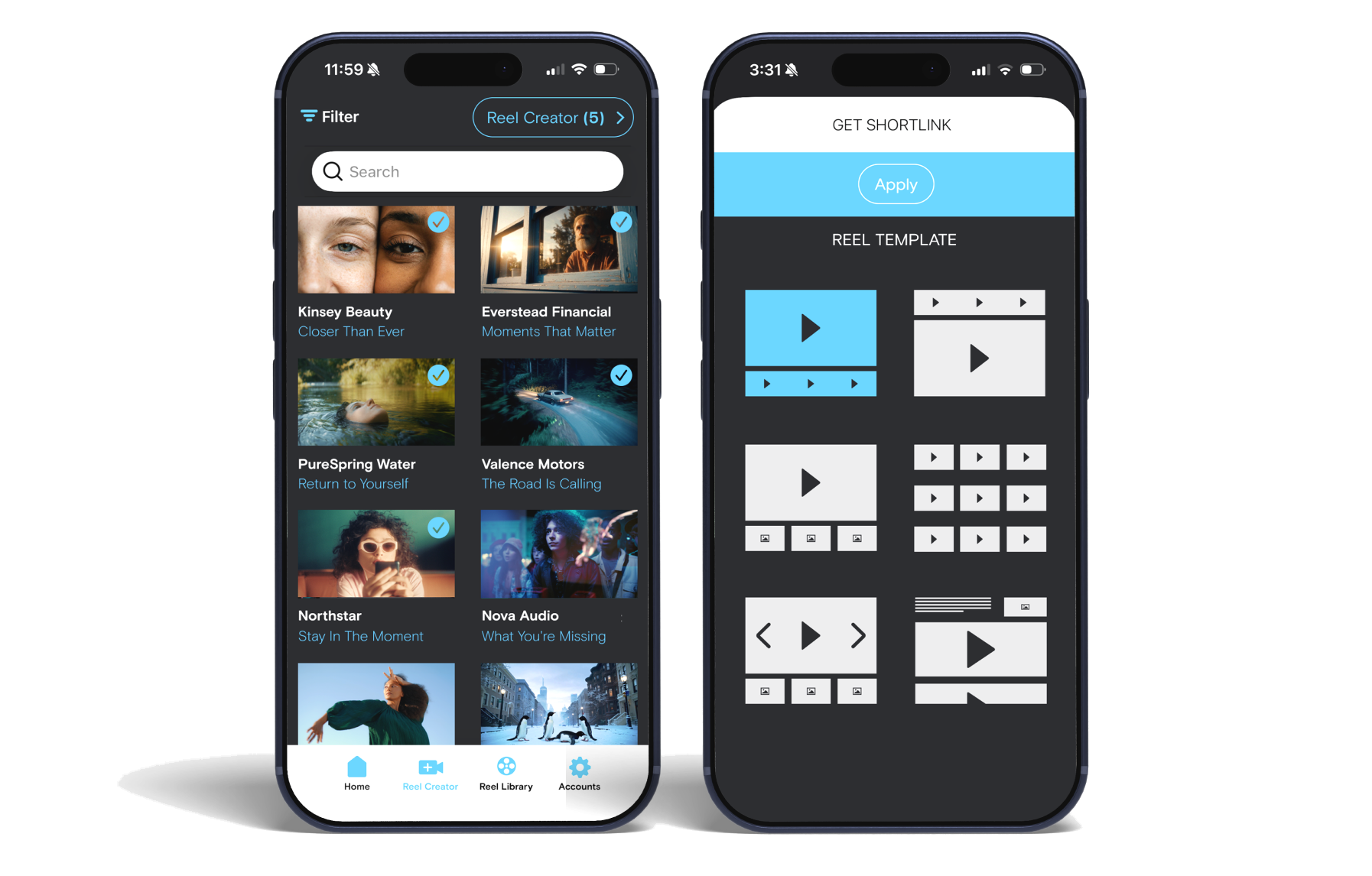 Simian Go mobile reel builder on two phones