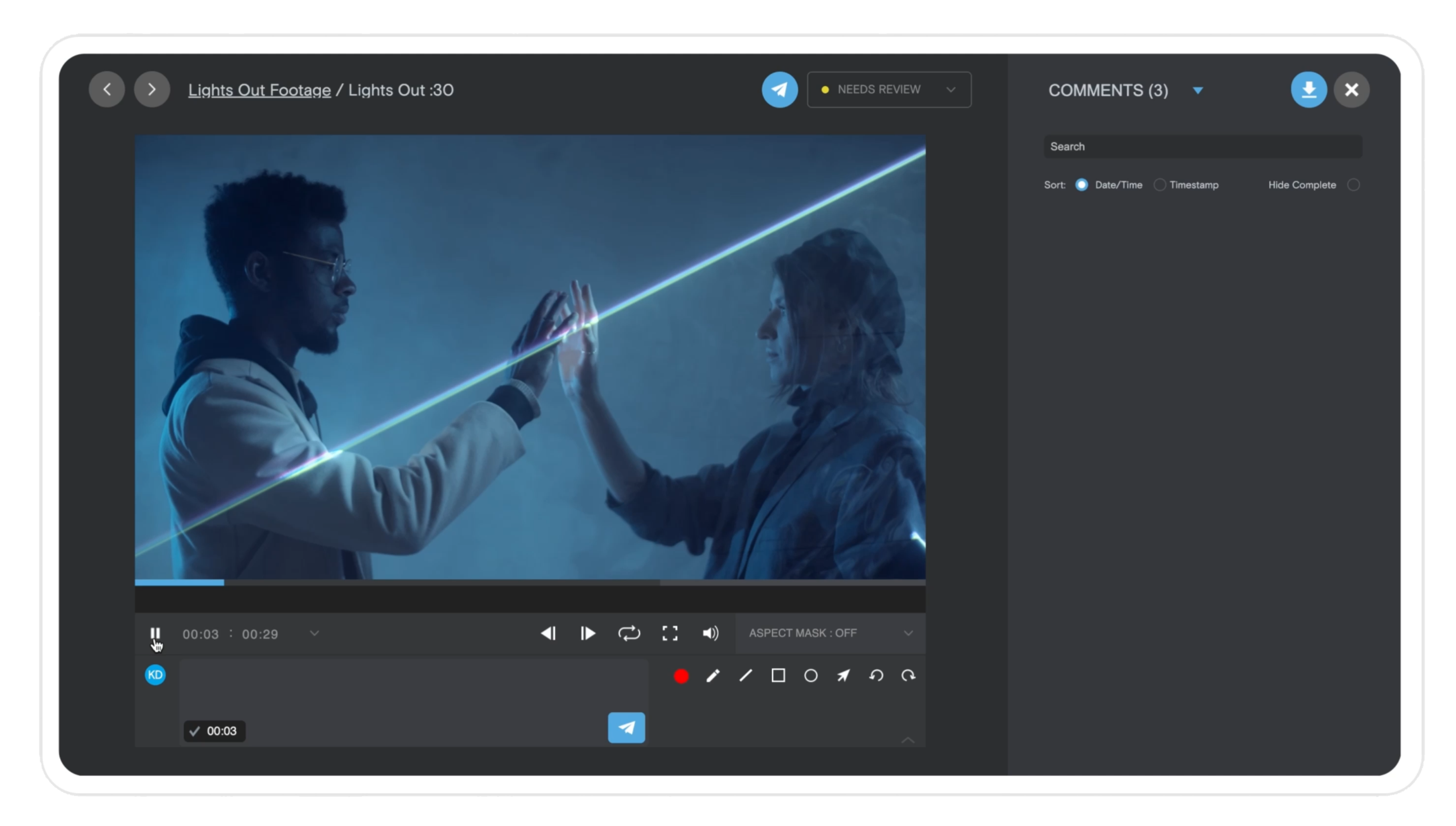 The Simian review and approval workspace with a comments panel